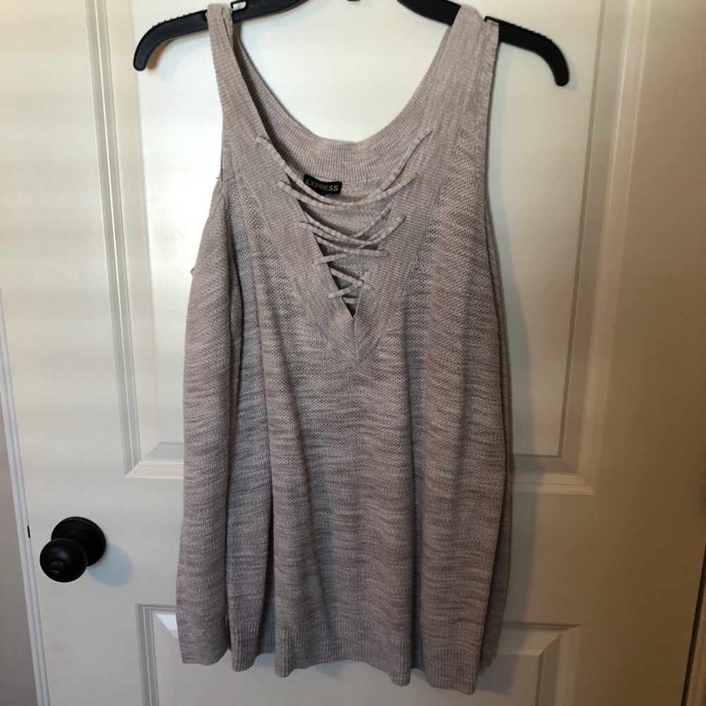 Express Light Taupe Knit Sleeveless Sweater with Lace-Up Neck